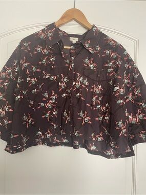 ACACIA Maroon Floral Collared Button-Up 3/4 Sleeve Organic Cotton Crop Top S